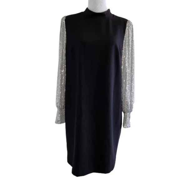 🆕️⬇️Nicole Miller Black Stretch Crepe Camille Dress With Sequin Puff Sleeves - Picture 2 of 15